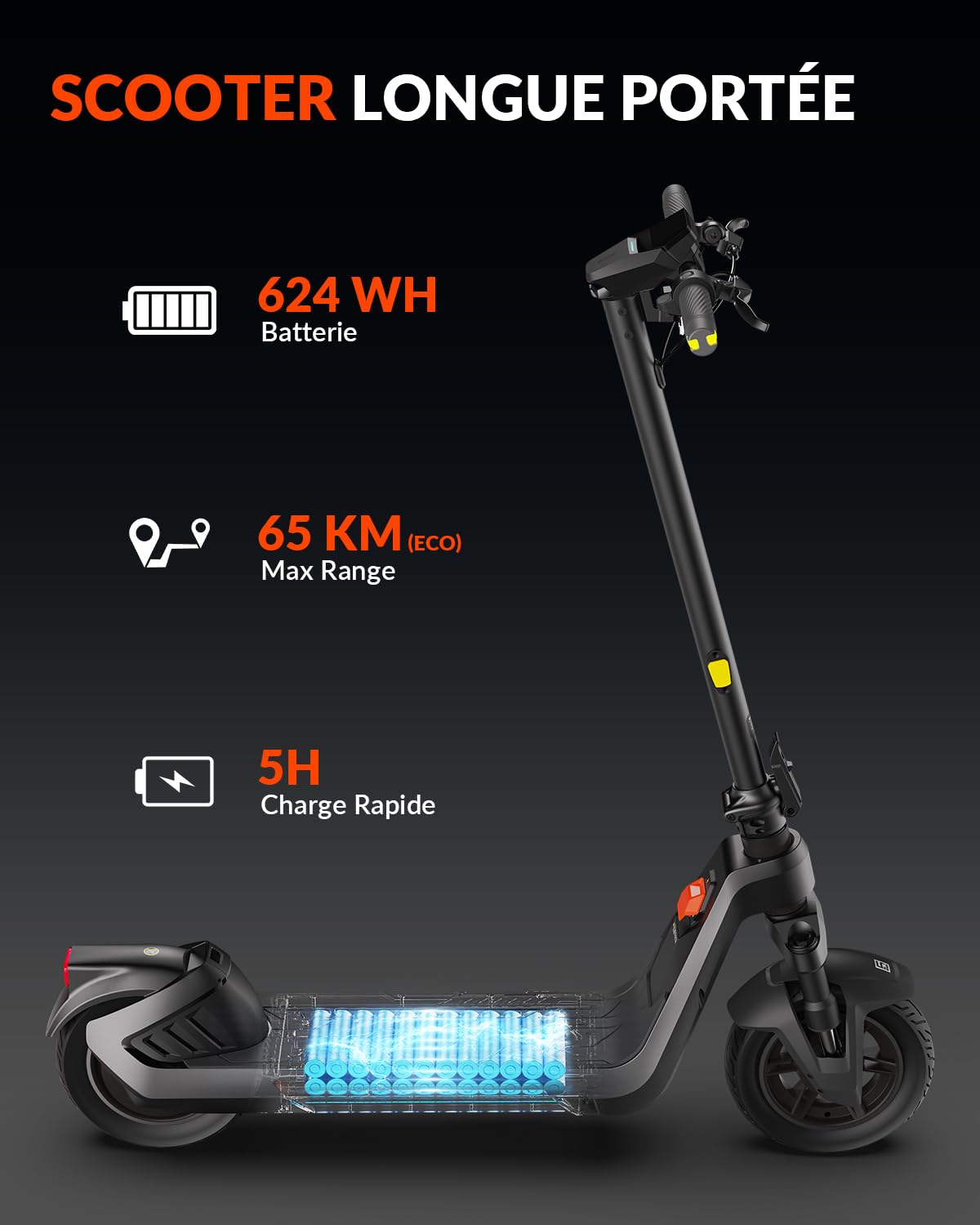 5TH WHEEL ES15 Trotinette électrique Adulte, Moteur jusqu'à 1200W/25km/h, 65KM Autonomie, Pneus Tubeless 11", Trotinette électrique Pliable avec Suspension Avant, App, Triple Freinage, Charge 150kg