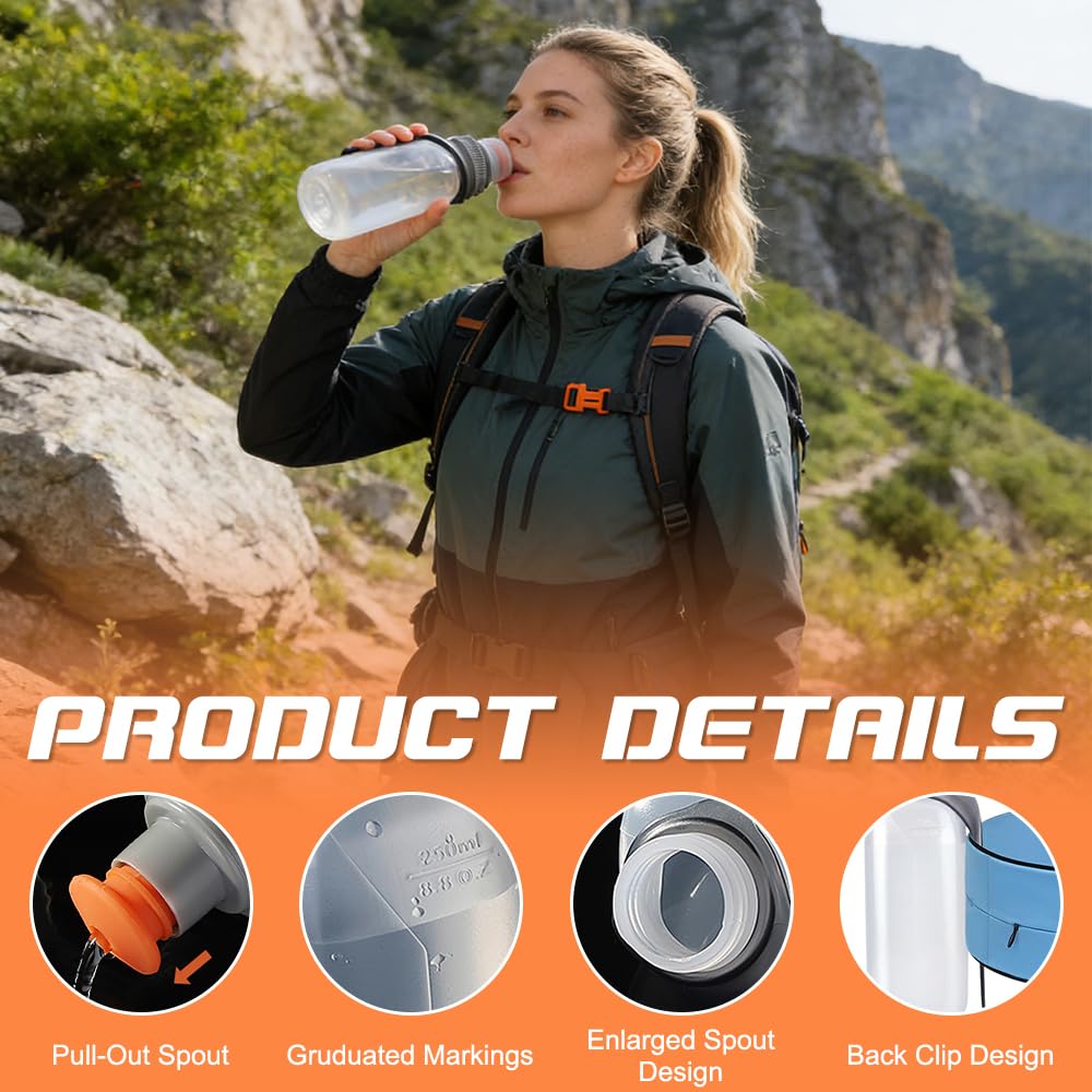 Butelka do biegania, 2 sztuki z klipsem na plecy, 250 ml, nie zawiera BPA, szczelna, do biegania, uprawiania sportu, fitnessu (przezroczysta)