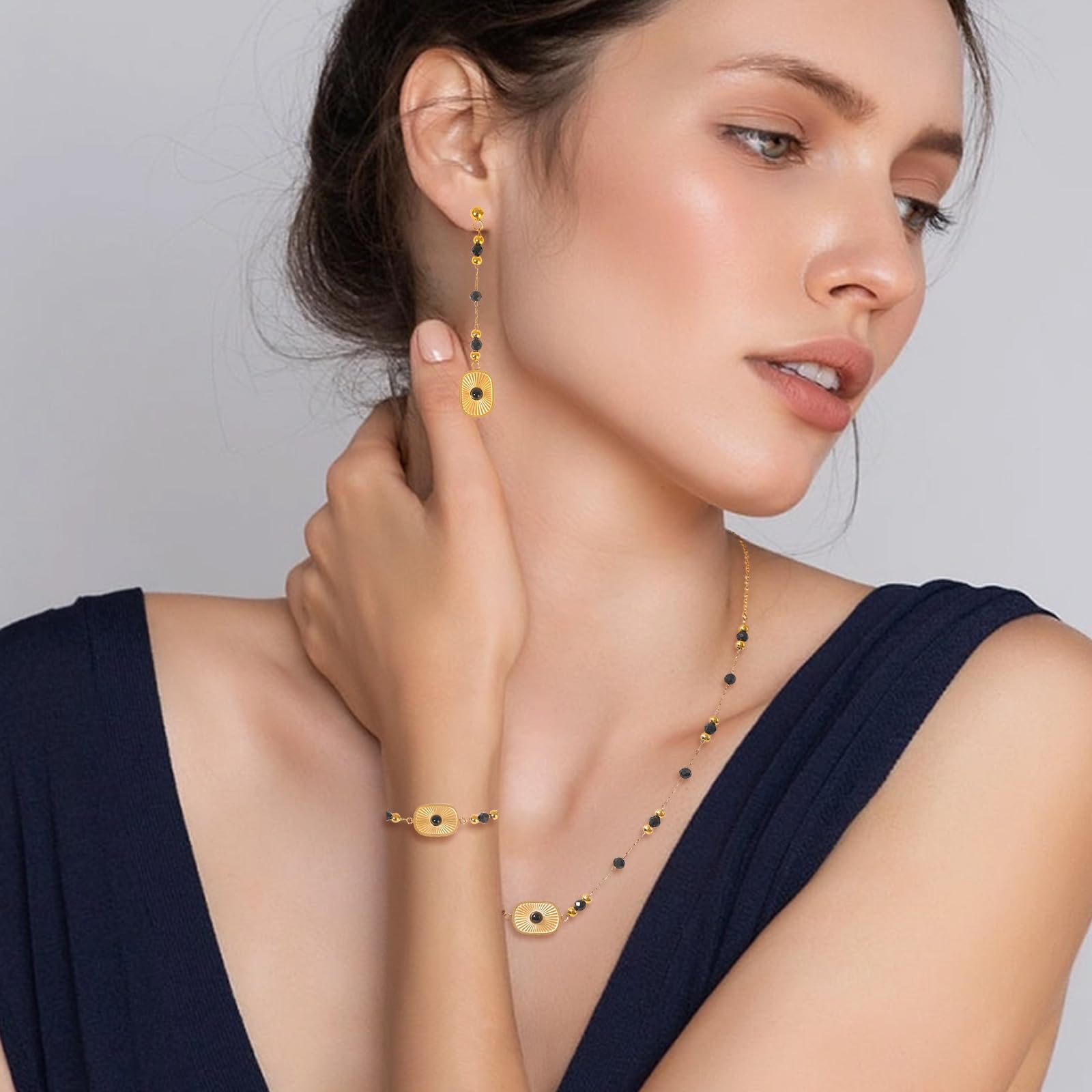 Juego de joyas de cuentas de piedra natural para mujer, juego de collar y aretes de bola redonda de acero inoxidable, regalo de Navidad para madre y esposa