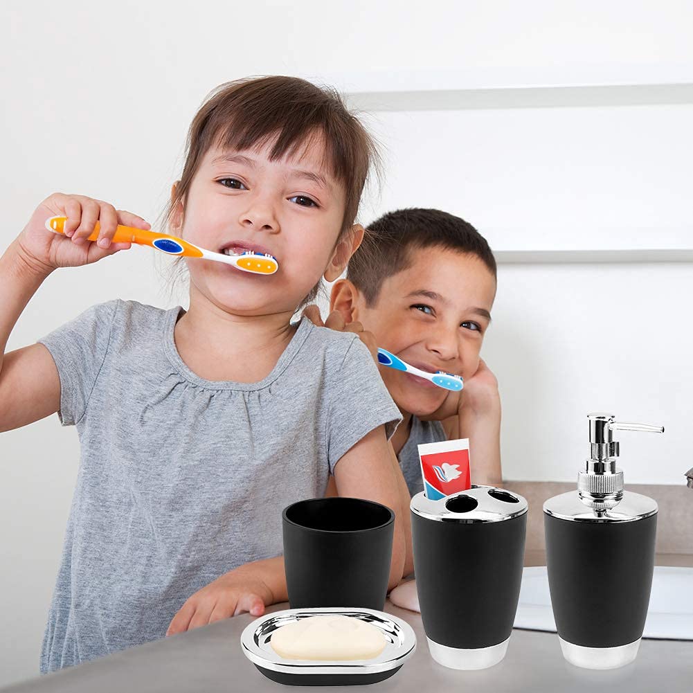 Ejoyous Set Accessori Bagno 6 Pezzi, Accessori Bagno Set in bambù con Tazza, Porta Spazzolino da Denti, Porta Zuppa, Bottiglia Disinfettante per Le Mani, Bidoni, Scopino