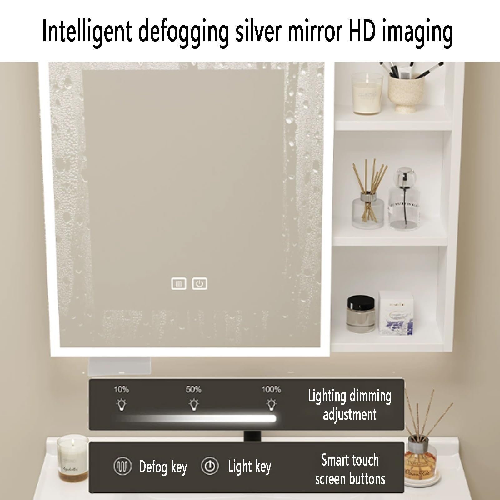 Inteligentna apteczka LED z lustrem przeciwmgielnym, podświetlane lustro kosmetyczne 360° i toaletka do makijażu, aluminiowy uchwyt ścienny na papier toaletowy, biały, 80 x 13 x 68 cm