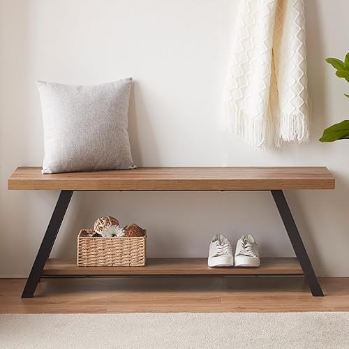Miniatura 5 de LVB Banco de Entrada Industrial, Banco de Almacenamiento de Madera y Metal para Sala de Estar y Comedor, Banco de Zapatos de Estilo Campestre para