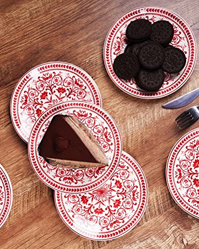 Sonemone 6 Inch Appetizer Plates Set Of 6, Red Floral Ceramic Dessert Plates For Cake, Pie, Snacks, Ice Cream, Microwave & Dishwasher Safe #TOP3