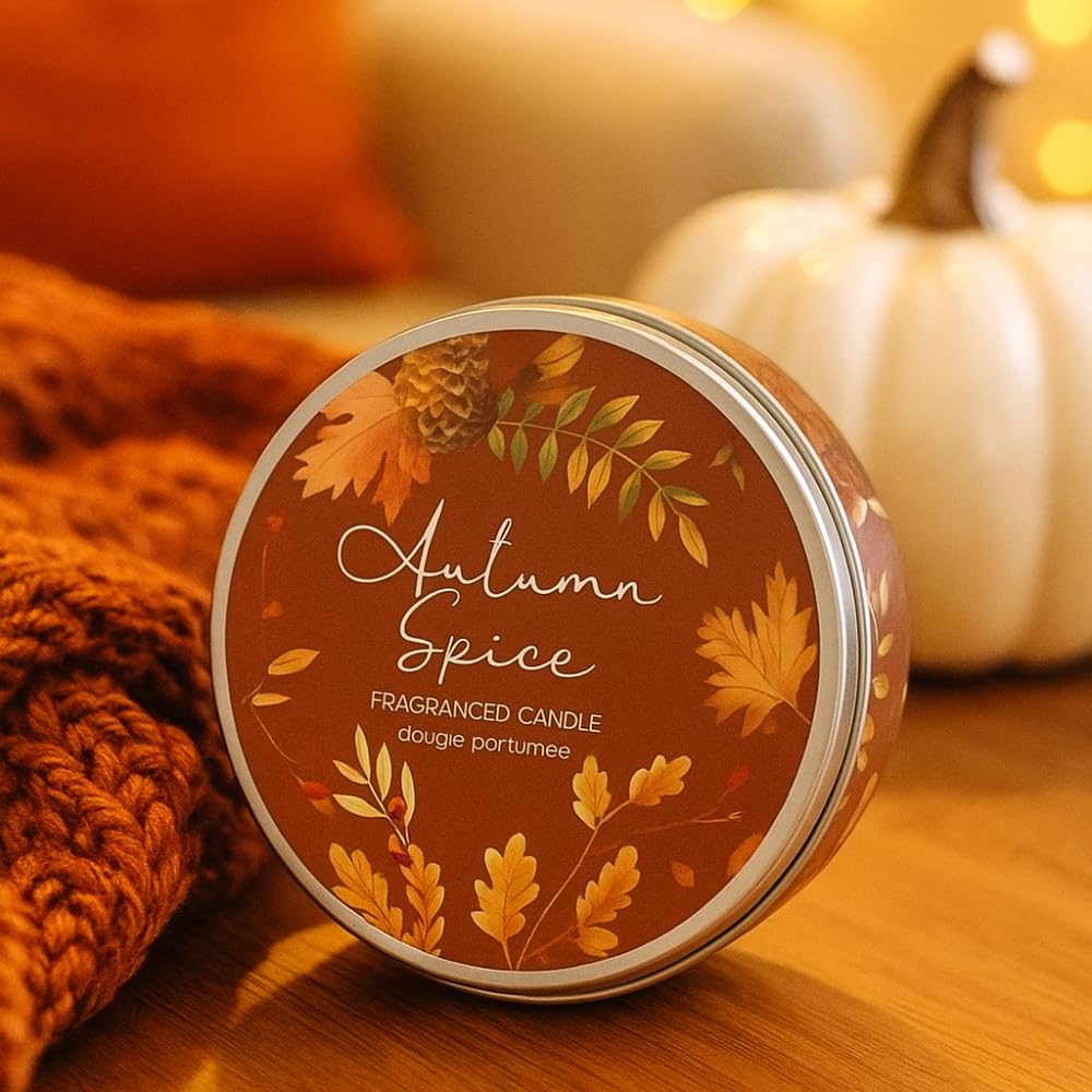 Marco Paul Autumn Spiced Scented Christmas Candle Tin with Lid - Cinnamon & Spices Red Jar Candles Gifts for Women - Christmas Home Decorations- Autumn Candle for Home Decor - Xmas Gift Set for Mum