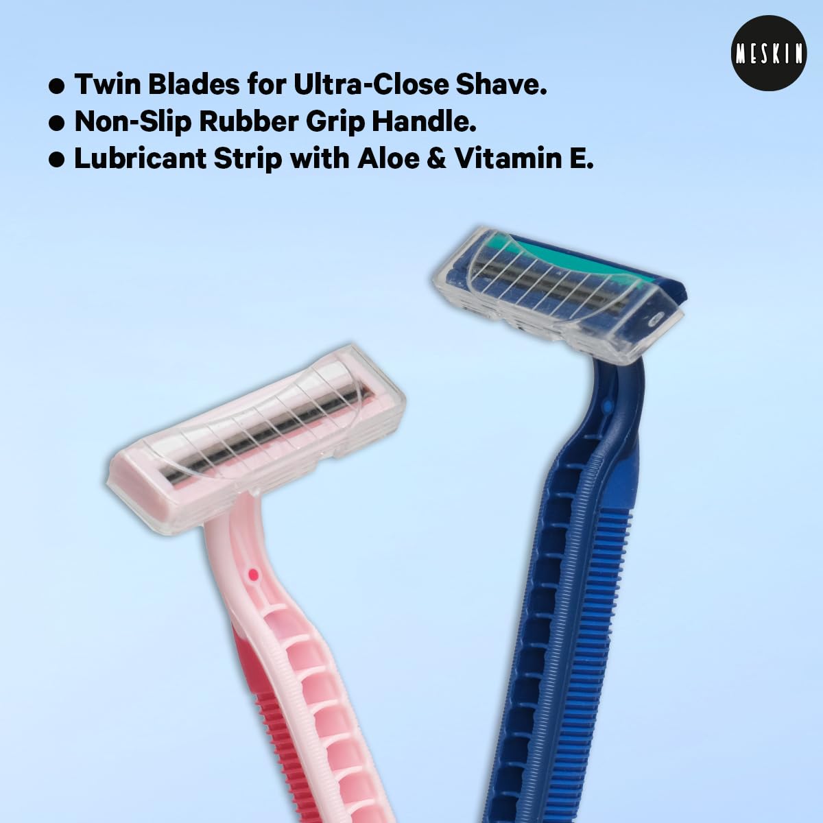 MESKIN 5Pcs Twin Blade Full Body Razor Sweden Stainless Steel Twin Blade Micro Shave Technology Anti-Slip Rubberised Grip for Better Shave Pink Rubber Grip Razor (Pack of 5) (Blue) 2