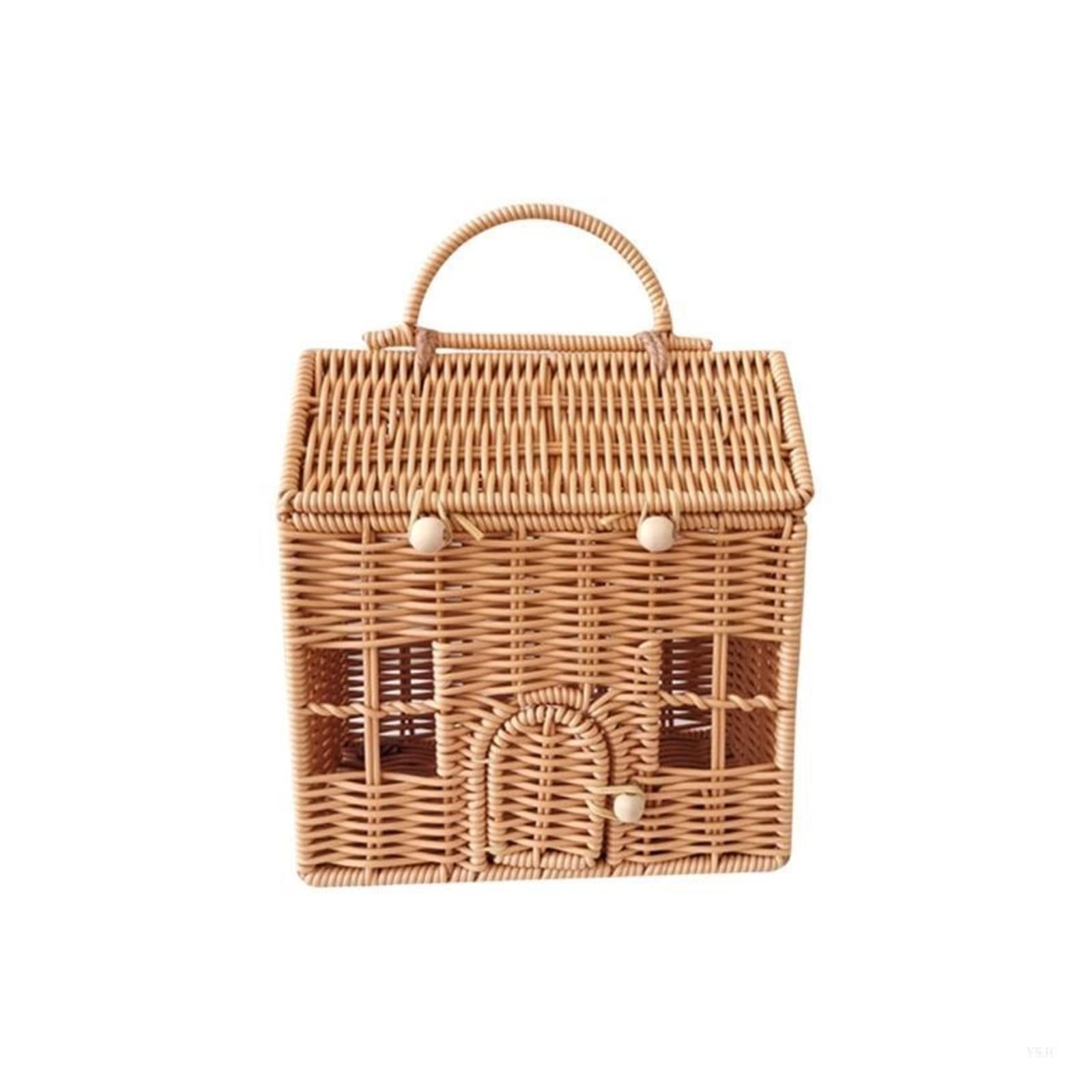 House Shaped Basket Plastic Wicker Suitcase for Parties Handwoven Rattan Picnics Basket with Handle Unique Packaging Box(Type A)