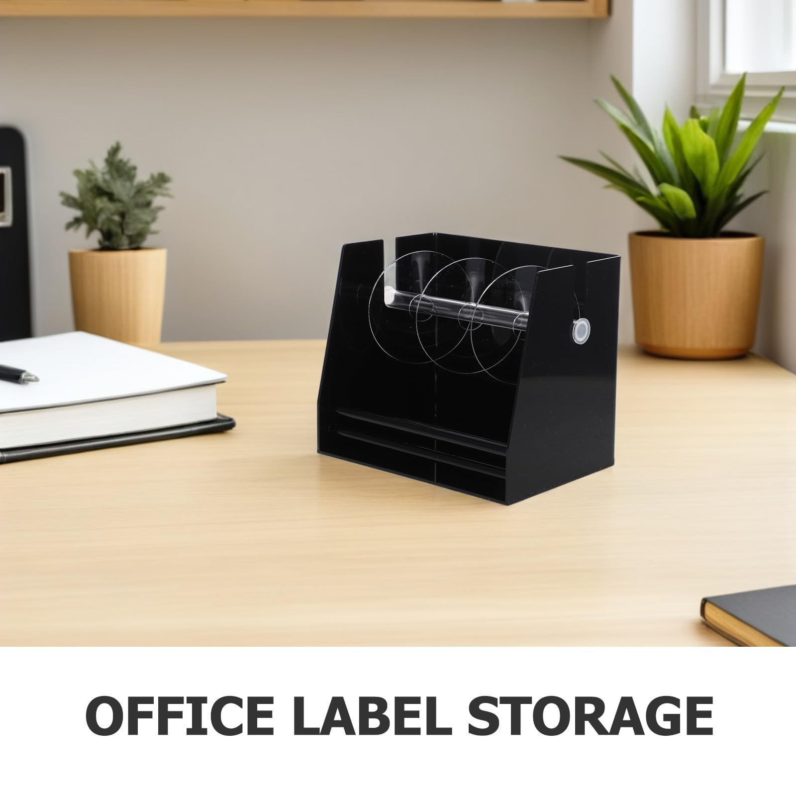 PACKOVE Distributeur de Rouleaux D'étiquettes Noir en Acrylique Porte-étiquettes Facile à Assembler, pour Bureaux Scolaires et Salles de Courrier