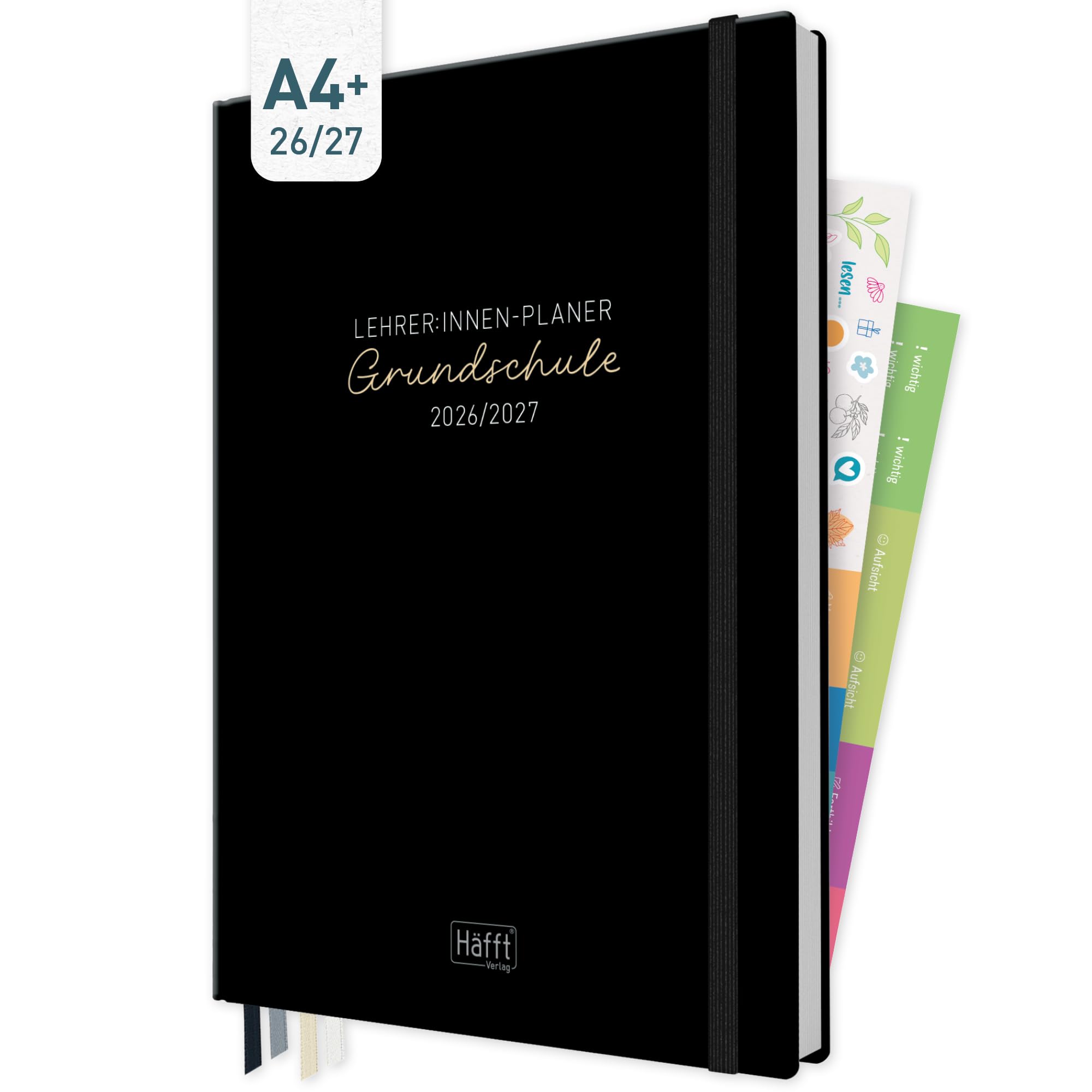 Häfft® Lehrerplaner Grundschule 2026/2027 im A4+ Format Hardcover - Schuljahr 12 Monate (Aug 26 - Jul 27) Lehrerkalender & Unterrichtsplaner für Klasse 1–4 "Black Edition"