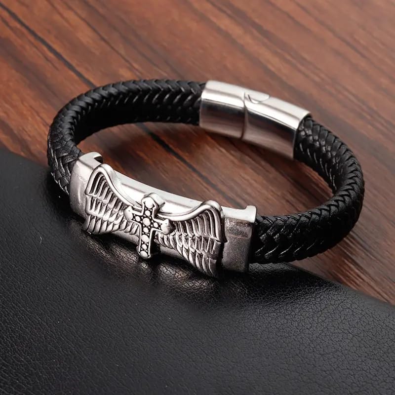 Image of THE MEN THING Leather Bracelet for Men - American Style Genuine Leather Multi-Layer Braided Bracelet with 100% Stainless Steel Magnetic Buckle for Men & Boys (8 inch)