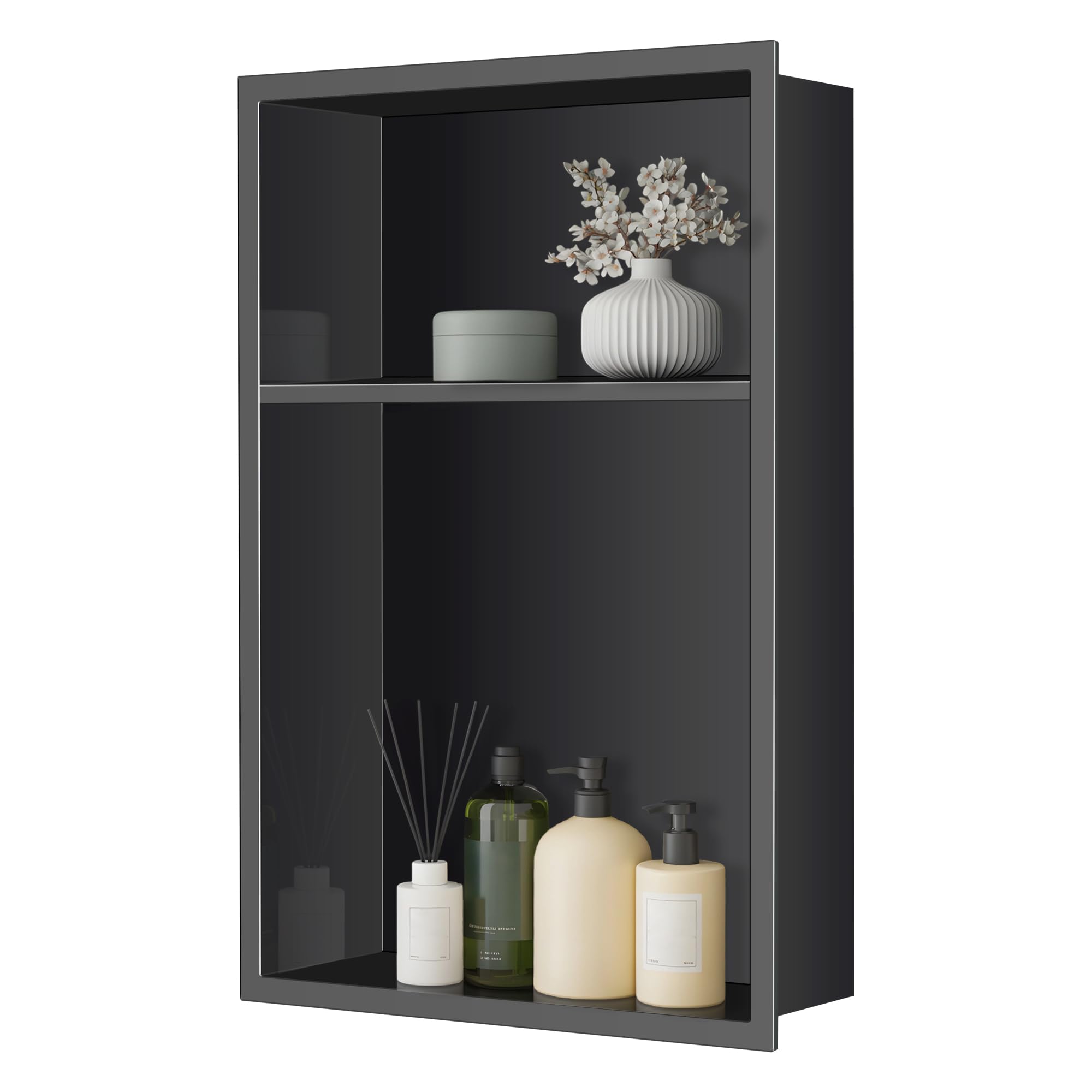 FTL Stainless Steel Black Shower Niche 457 x 305 x 100mm,2-Tier Shower Niche Wall Insert,Embedded Wall Niche No Tile Needed,Bathroom Shower Storage Niche,Waterproof Bathroom Wall Niche