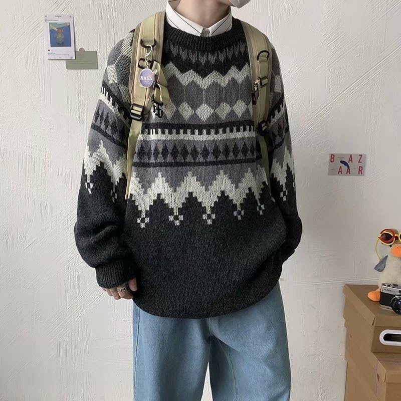 Mens Vintage Striped Sweater Crochet Oversized Grandpa Sweaters Preppy Crewneck Sweatshirts Grunge Knitted Tops4