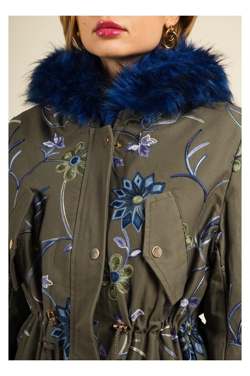 MULTIPLES Manteau kaki brodé de fleurs avec capuche en fourrure bleu, Grande taille disponible, Fabriqué en France