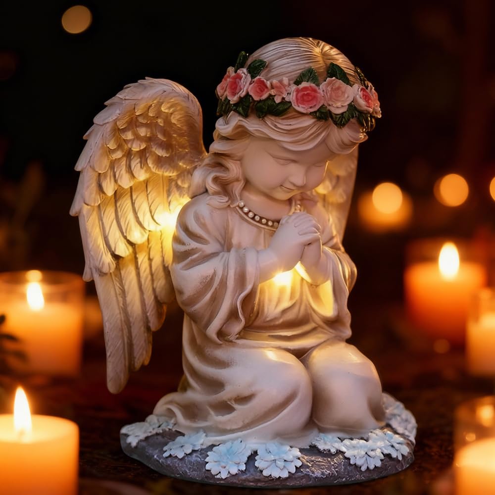 Statue du Jardin des Anges, Lumière Solaire d'ange Priant, Sculpture Ange Gardien avec Lampe LED Solaire, Auto-on, Résistant Aux Intempéries pour Patio, Porche, Cour, Balcon, Cimetière, Tombe