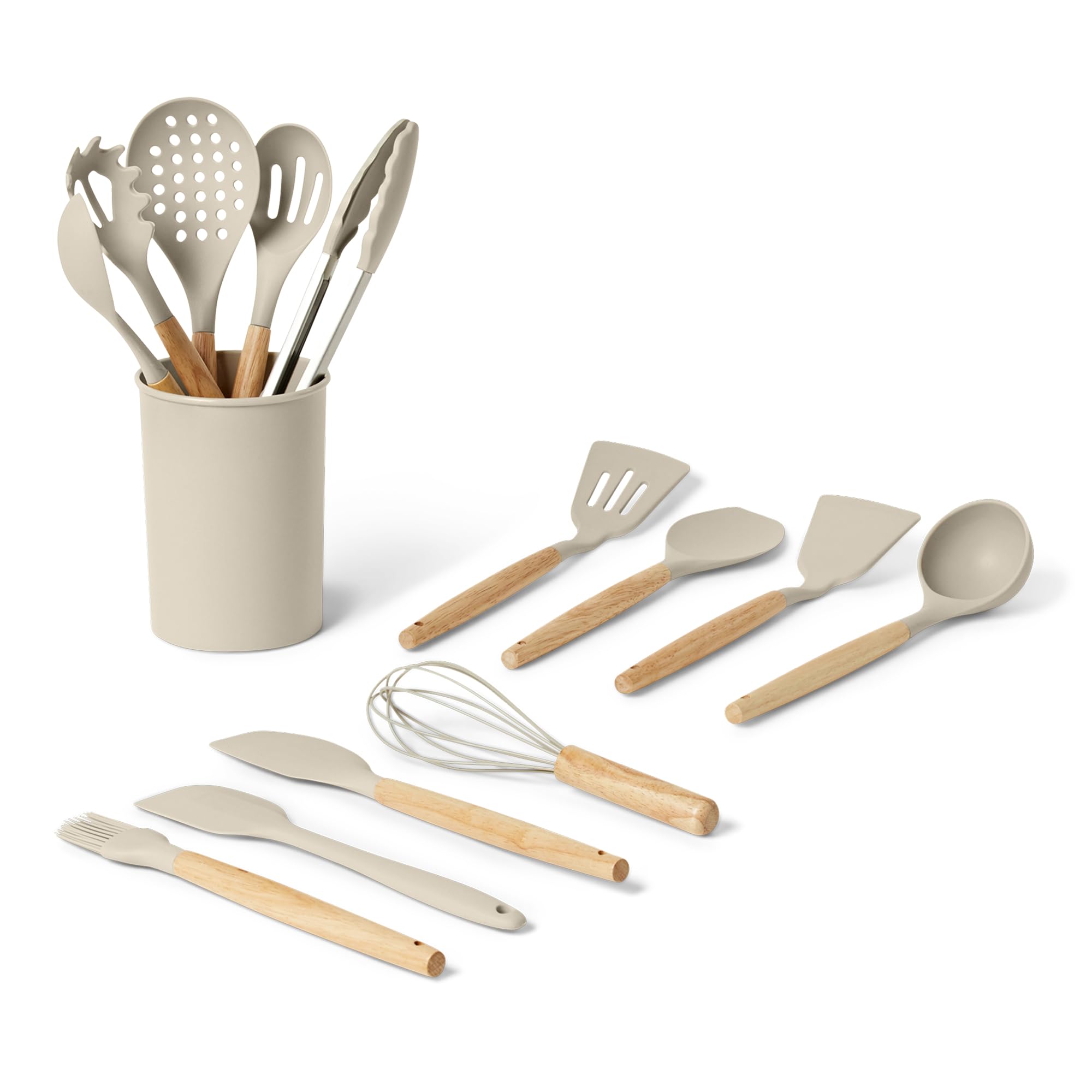 Amazon Basics Silicone Cooking Utensils Set with Wooden Handle, 14-Piece Set, BPA-Free, Utensil Holder Included, Linen Gray