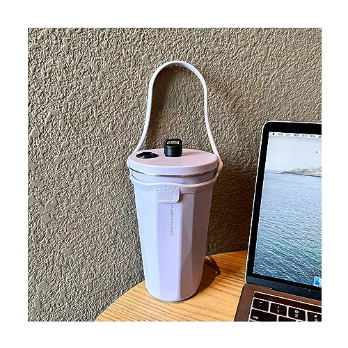 ストロー付きタンブラー ふた付き 大容量 ストロー 水筒 真空断熱 タンブラー おしゃれ ステンレス 携帯 コーヒー カップ 600ml 便携軽量 タンブラー 真空断熱 ふた付き ステンレス 保温保冷 (パープル+ロープ)