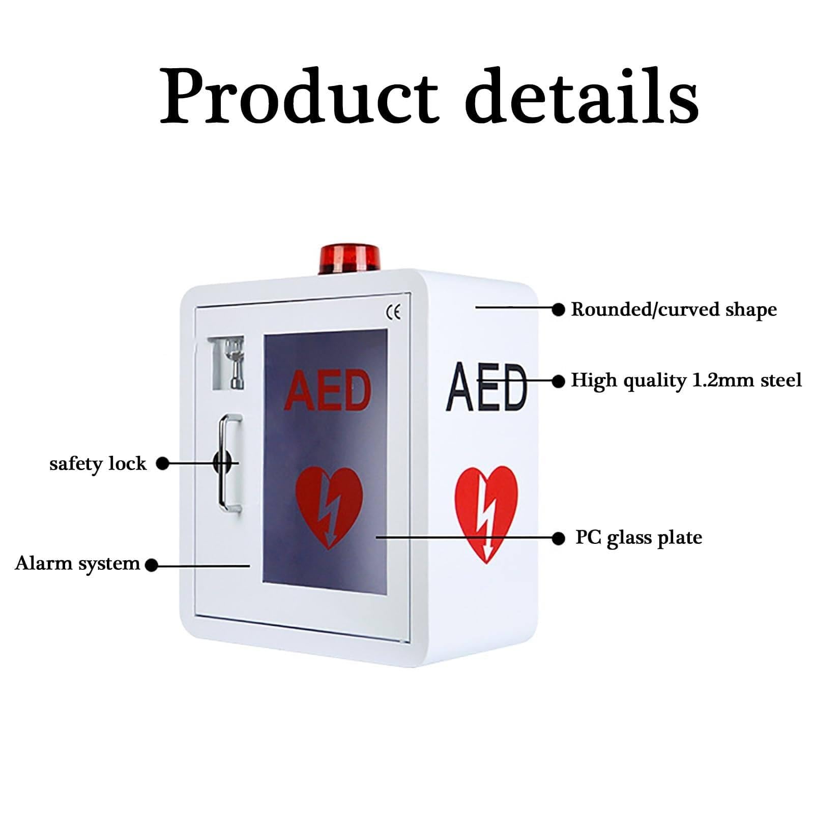 AED-Schrank, AED-Defibrillator-Wandschrank, Metall-Stahlplatten-Aufbewahrungsschrank mit Alarm und Licht, passend für alle Marken von Cardiac Science für öffentliche Plätze, 36 x 20 x 40 cm