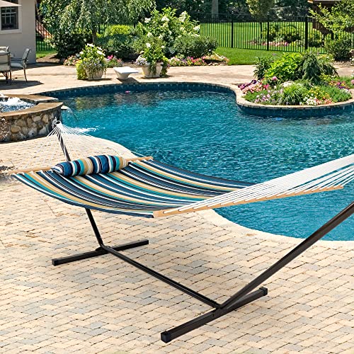 Lazy Daze Quilted Fabric Hammock With 12-Foot Stand, Double 2-Person Hammock With Pillow For Outdoor Outside Patio, Garden, Backyard, 450Lb Capacity, Beach #TOP1