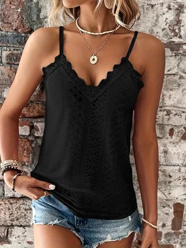 Haibang Camiseta Sin Mangas Mujer Verano Cuello en V Top de Encaje Sexy Holgado Camisetas Tirantes Elegante Tank Top Suave Transpirable Malla Chalecos Top Lencero Informal Encaje Blusas