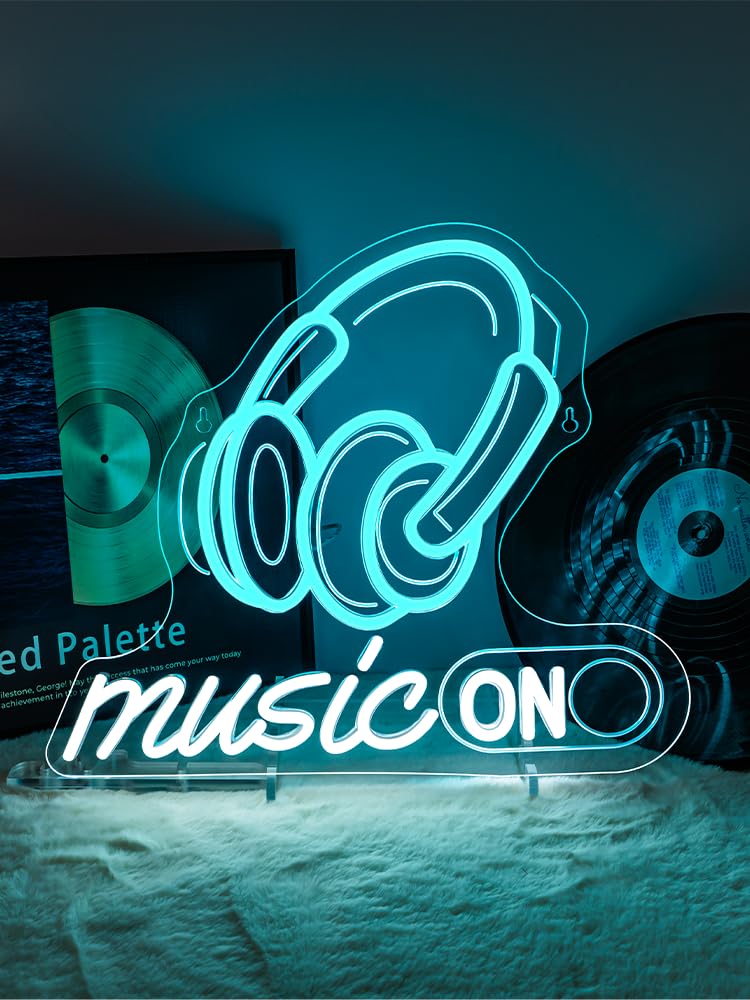 Horseneon Letrero de neón rítmico LED para decoración de pared para estudios de DJ, salas de música y configuraciones de jugadores, alimentado por USB con brillo ajustable, diseño de auriculares