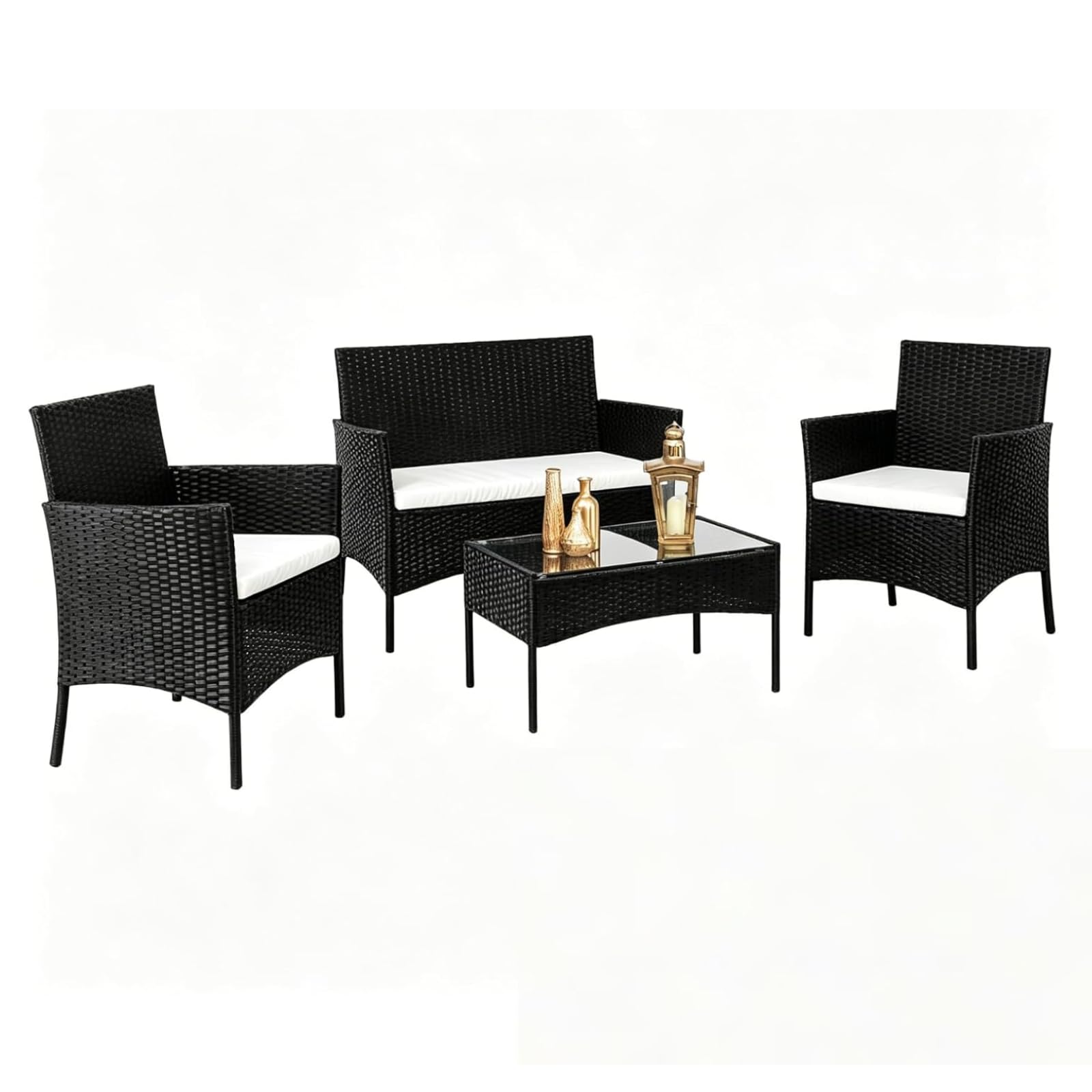 Salon de Jardin Exterieur en Résine ressée - 2 canapés Simples, 1 canapé Double et 1 Table Basse, Coussins Inclus, Salon de Jardin pour Amenagement Balcon Terrasse Veranda (Noir)