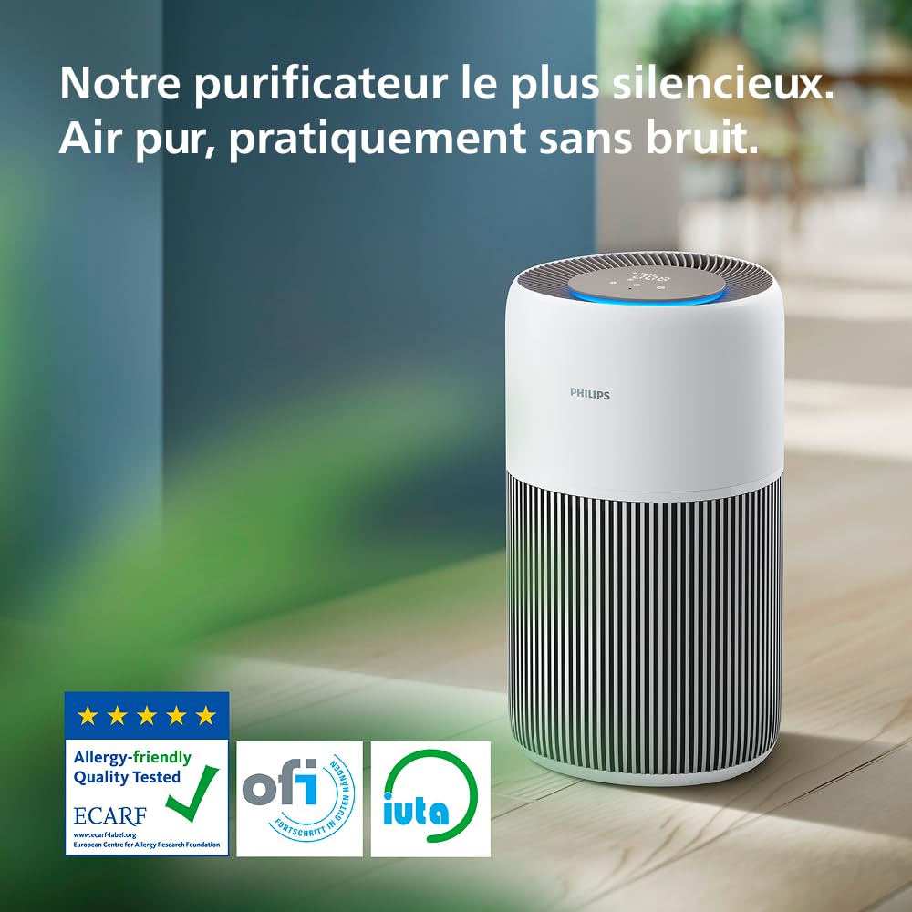 Philips Purificateur d'air Série 2200 - Filtre à charbon actif et HEPA NanoProtect, CADR 400m³/h pour 104m², Pour personnes allergiques, Ultra-silencieux, Filtre intelligent et durable (AC2210/10)