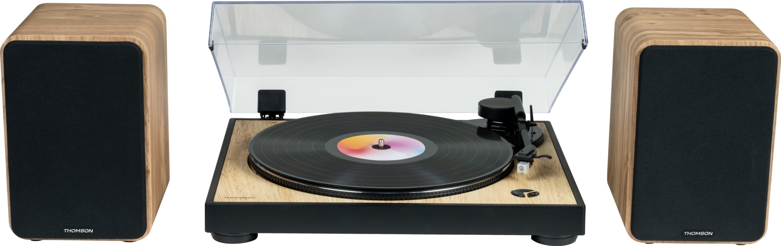 THOMSON WS602DUO - Ensemble de 2 enceintes avec caisson en bois - 100W - Bluetooth 5.0 - 2 sorties RCA - Bois clair