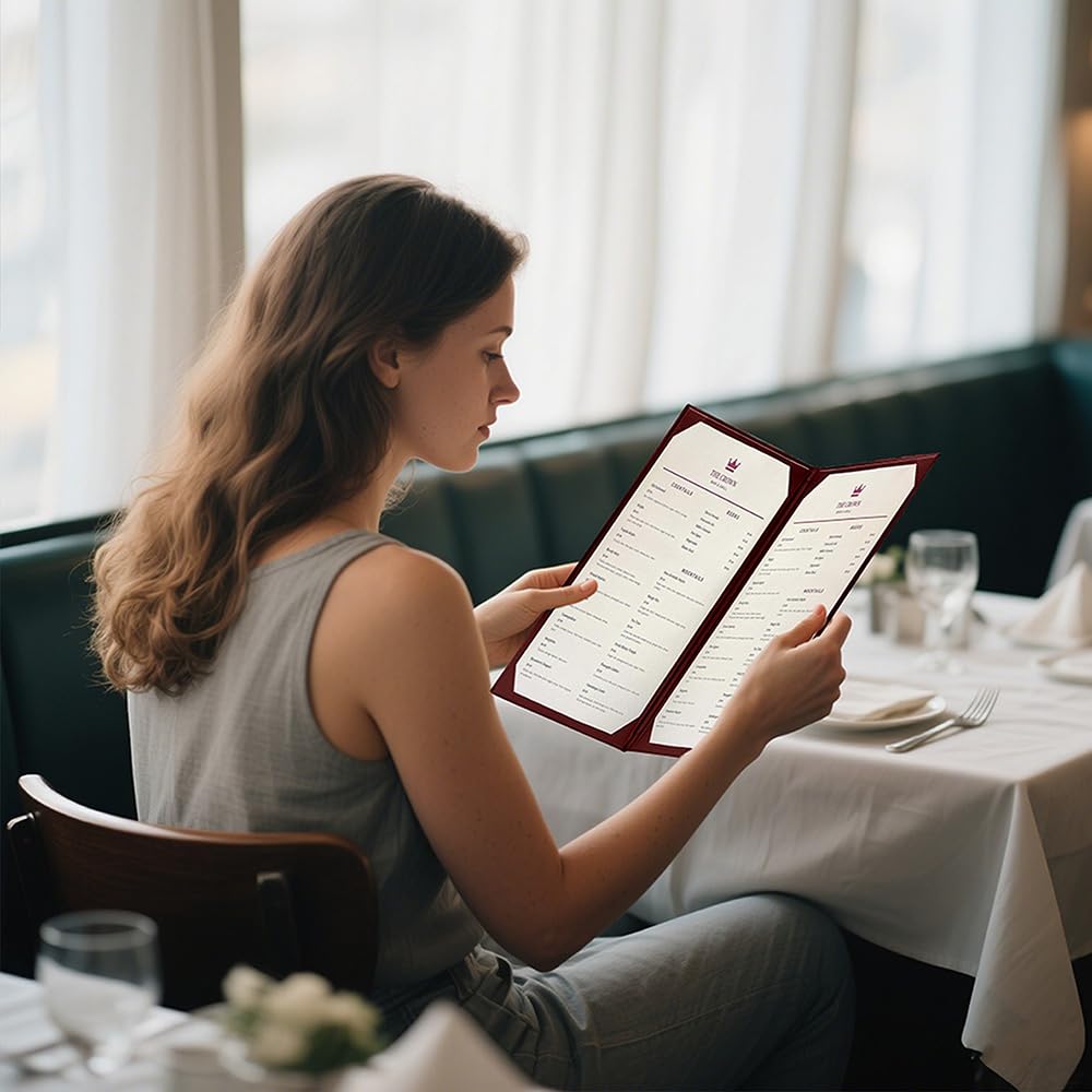 Goodsmart Columbia Casebound Menu Covers – 5-Pack, Burgundy Premium Faux Leather Restaurant Menu Holders, 8.5