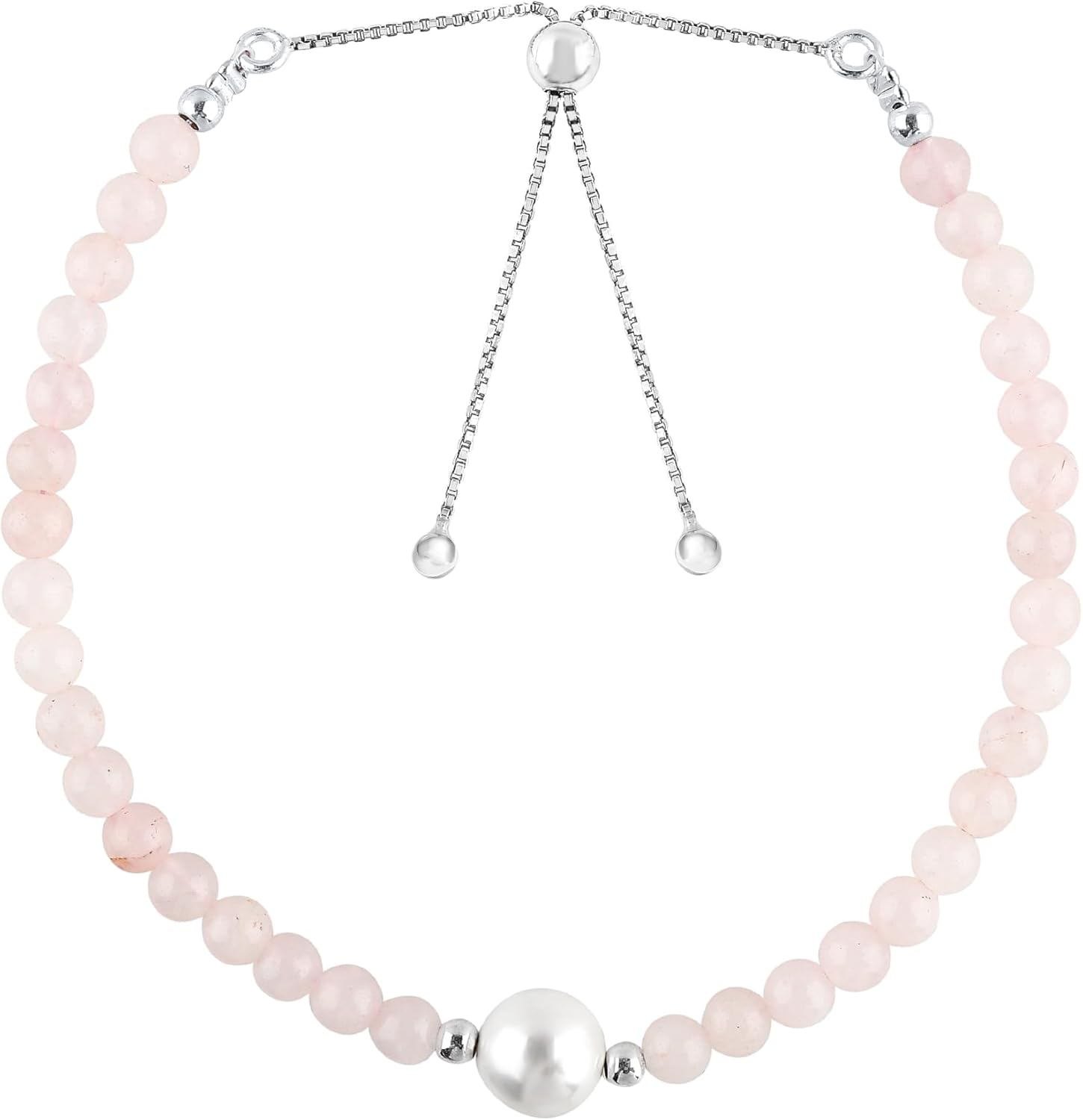 AAA Grade Natural Gemstones Beaded Bohemain Bolo Bracelet with White Pearl, Handmade Jewelry, Beaded Stones, Healing Crystals, Silver Adjustable Chain, Christmas Gift for Women, 10inch