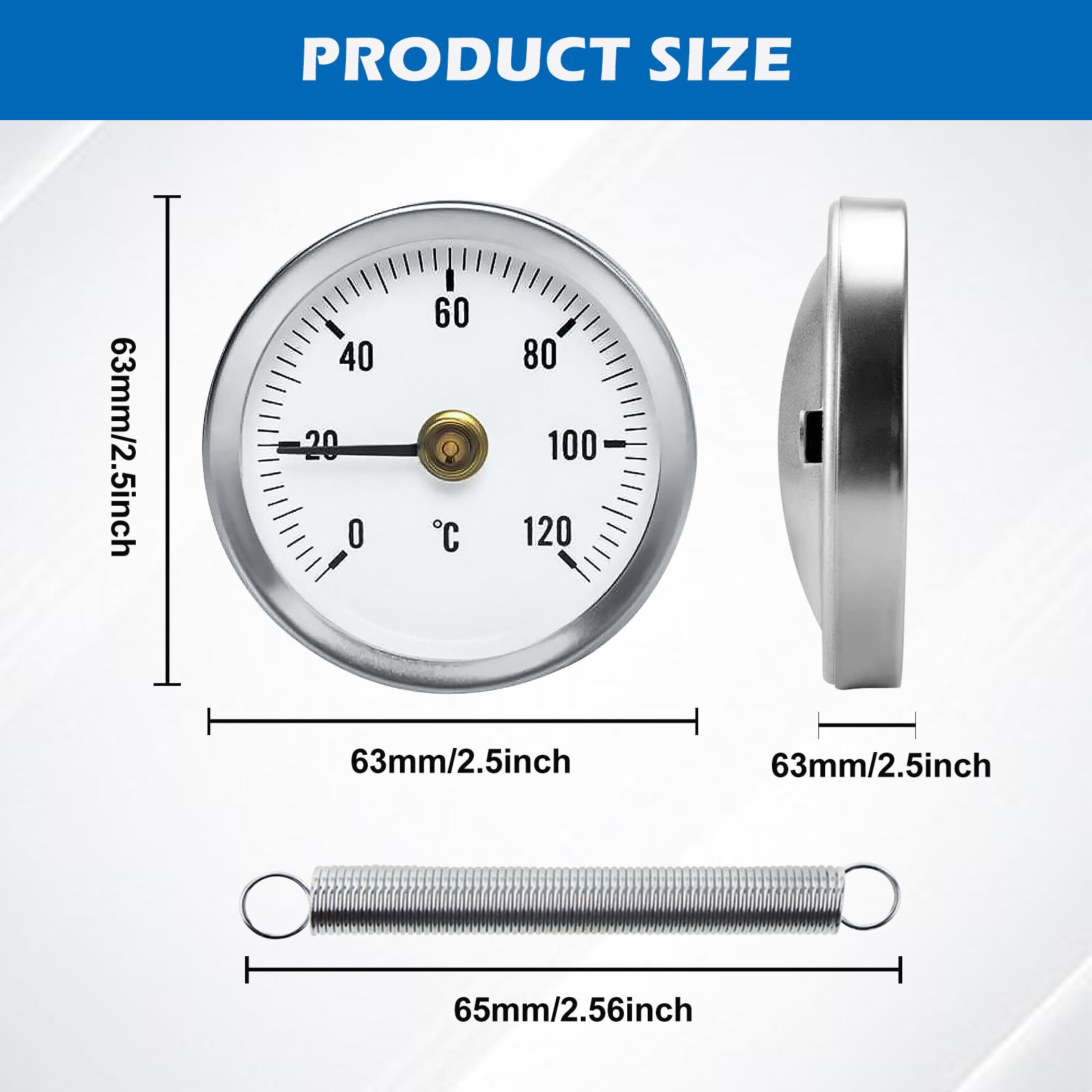 Vegena Lot de 5 thermomètres d'installation pour tuyaux de chauffage, thermomètre tube, affichage de la température avec ressort à clipser, avec ressort de fixation 63 mm, thermomètre pour tube d'eau