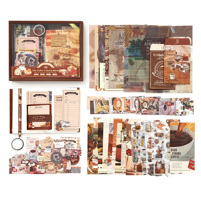 Image of 348 Pcs Scrapbook Kit Vintage Aesthetic Scrapbook Kit for Bullet Junk Journal Stationery A6 Grid Notebook, DIY Journaling Supplies, Birthday Craft Gift (Coffee)