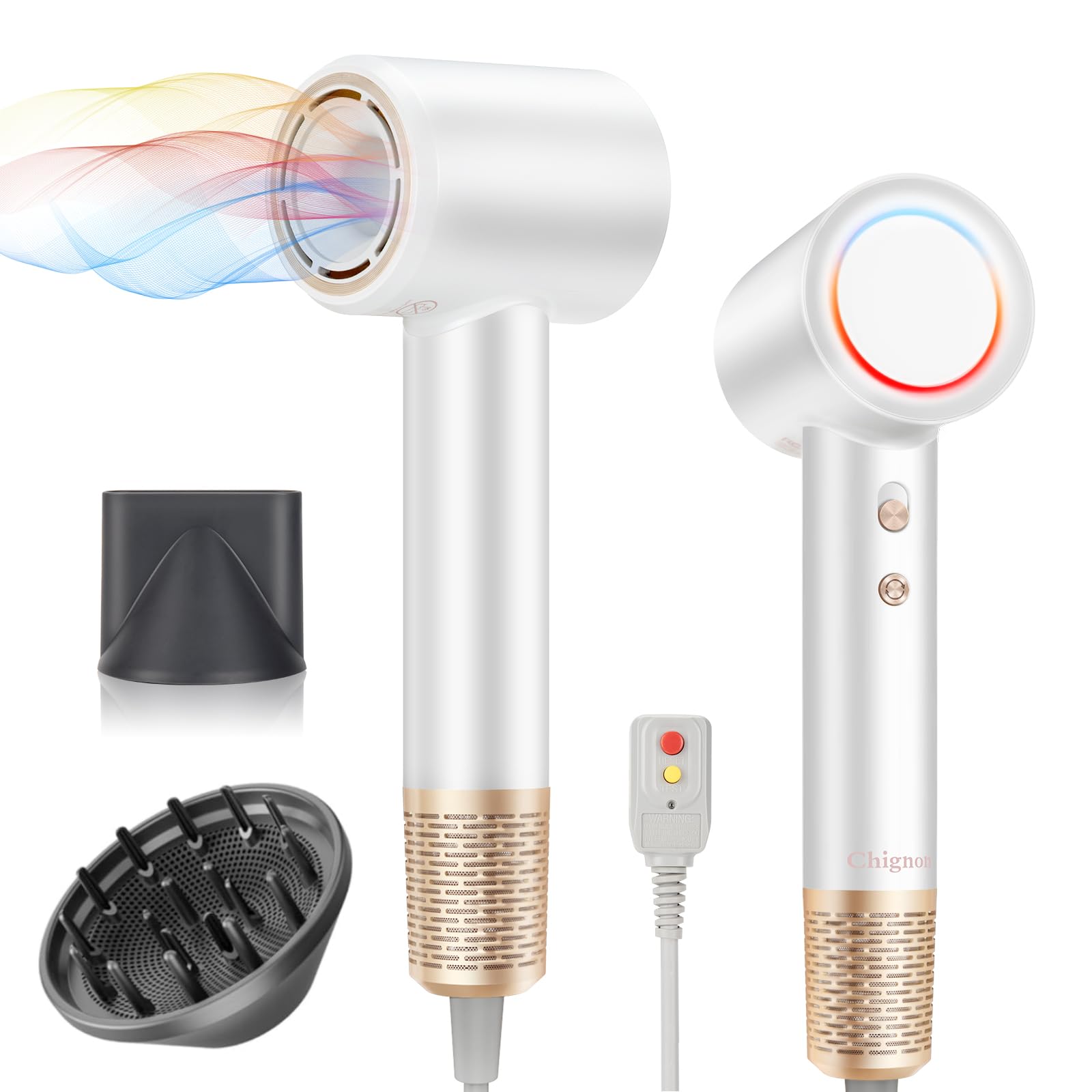 Chignon High Speed Hair Dryer, Ionic Hair Dryer 110,000 RPM Brushless Motor for Fast Drying,1600W Low Noise Blow Dryer,2 Speeds & 4Temps, Hot Cold circulating air Hairdryer (White)