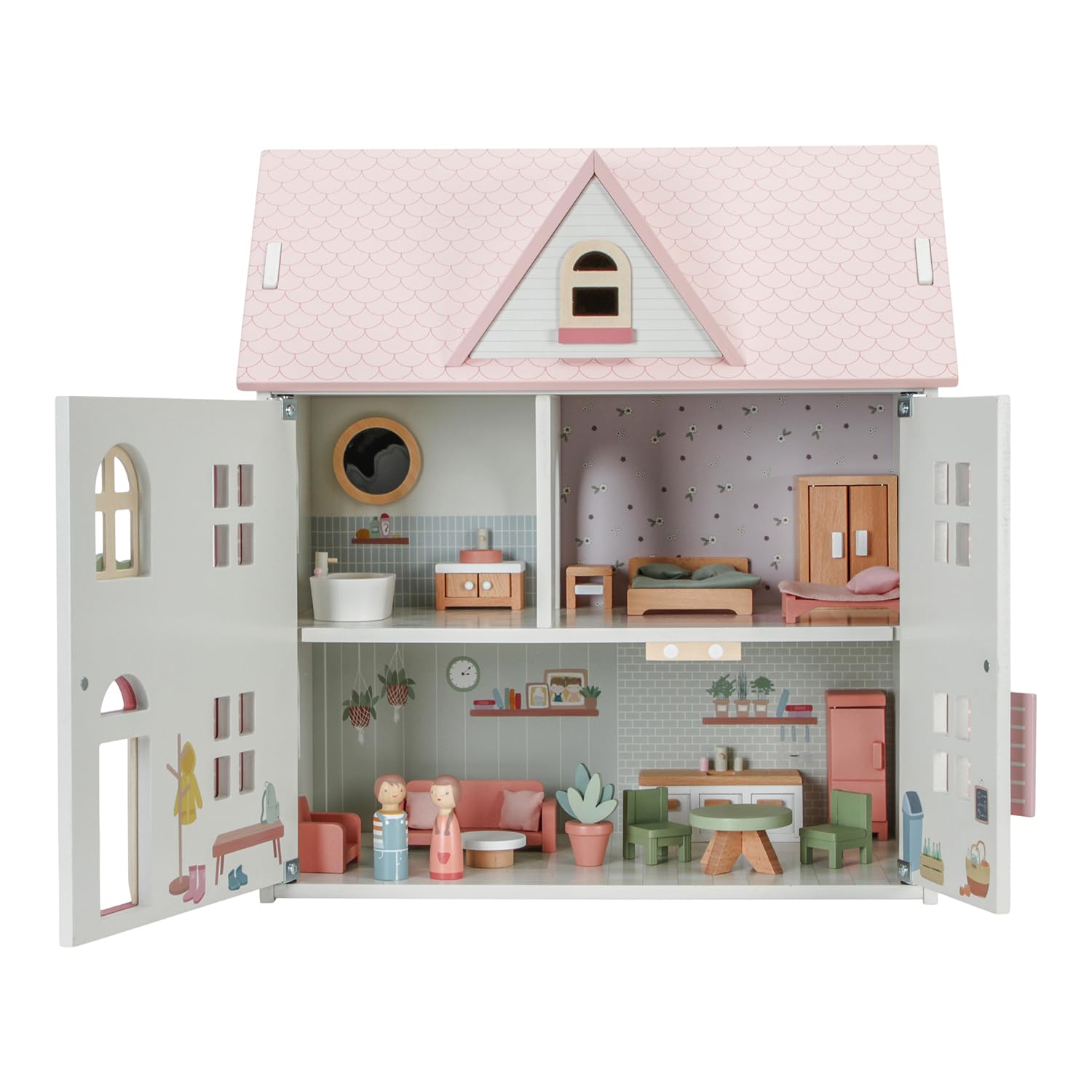 Little Dutch Casa de muñecas grande de madera desplegable con muchos accesorios, figuras de juego y muebles, color blanco y rosa