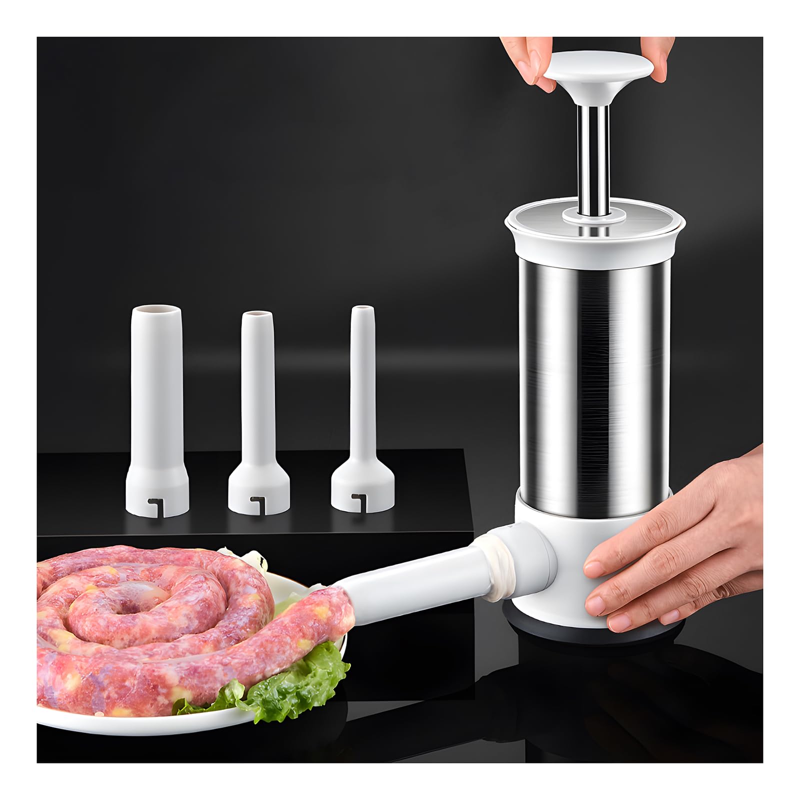 Atlodas Multifunctional 2 in 1 Sausage Maker, Sausage Stuffer, Manual Sausage Stuffers, Vertical Homemade Sausage Maker with Two Types of Stuffing Nozzles for Household Kitchen (Stainless Steel)
