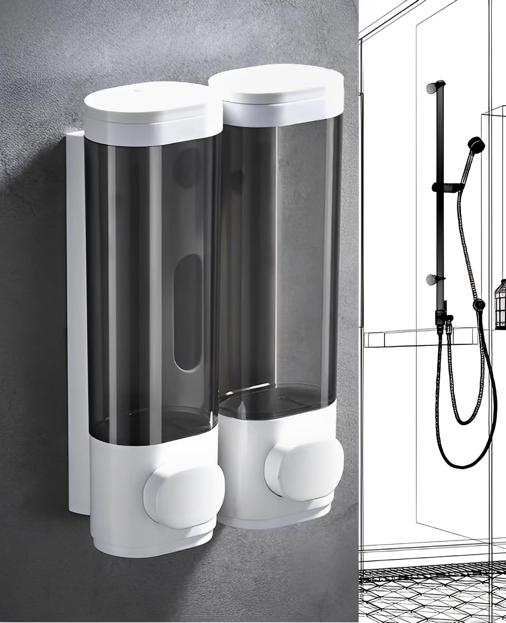 Dispenser manuale per sapone a 2 camere, montaggio a parete, 2 dispenser da doccia da 300 ml, premere manualmente per lozioni e sapone da doccia, uso per casa, appartamento, bagno, cucina, hotel