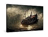 Black and White Wall Art Ghost Pirate Ship Pictures for Living Room Fantasy Flying Dutchman Painting Artwork Giclee Art Prints Nordic House Decor Framed Gallery-Wrapped Ready to Hang 16 'x12