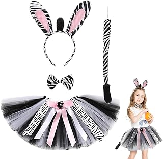 4pcs Zebra Costume Set: Jungle Zebra Ears Headband and Tail Bowtie Tutu Skirt Cosplay Costume Accessories for Carnival Halloween Party Dress Up