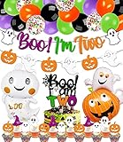 60 PCS Boo I'm Two Birthday Decorations Halloween 2nd Banner Cake Cupcake Topper Ghost Pumpkin Foil Balloon Spider Web Witch hat Theme for Boy Girl Kids Happy Bday Party Supplies