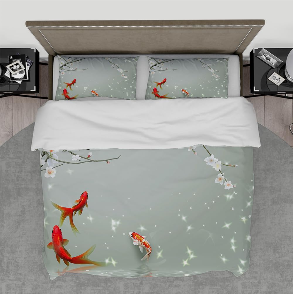 Housse de couette fleurs carpe koi 260x240 haut de gamme avec parure 3 pièces imprimé japonais