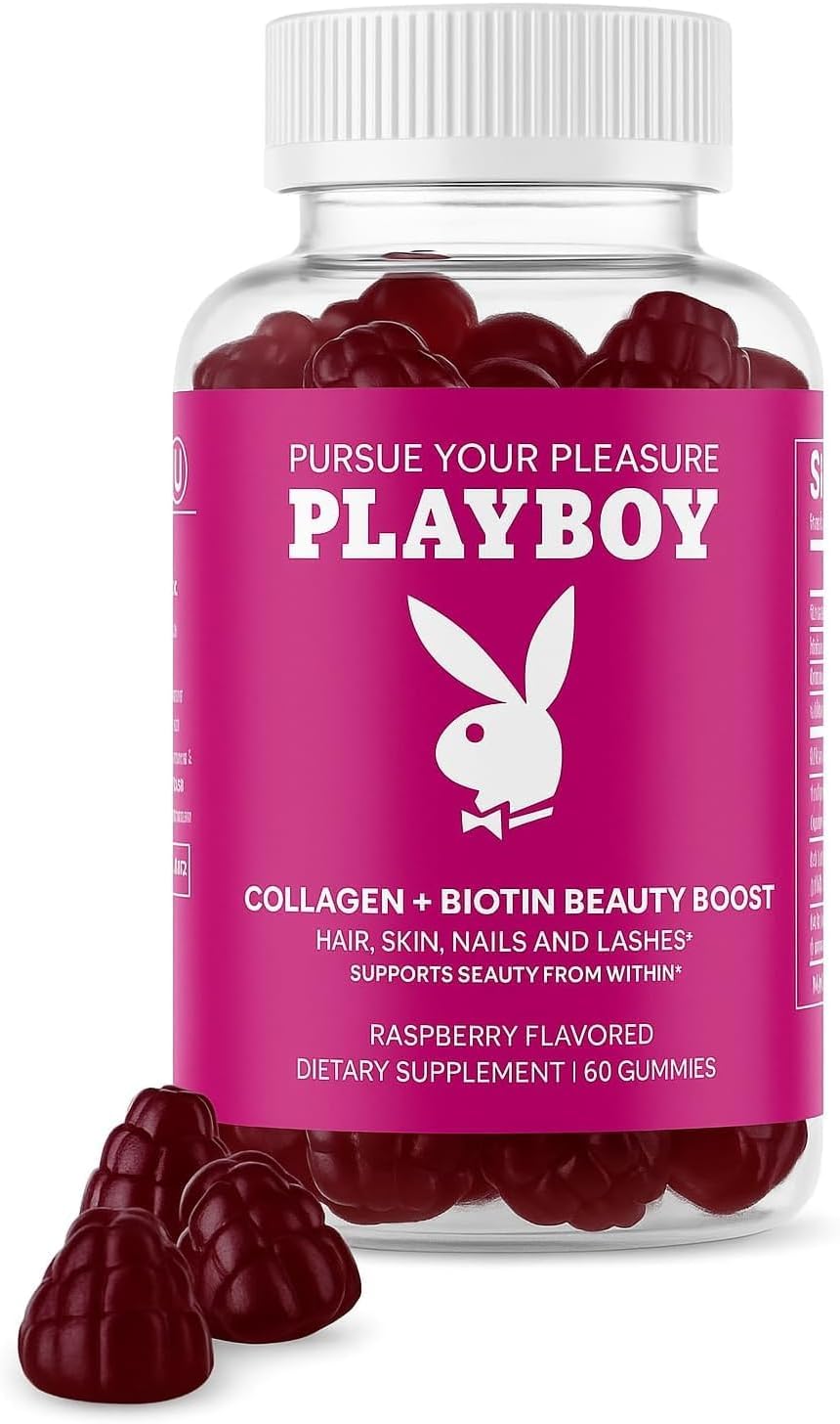 Playboy - Collagen + Biotin Beauty Boost Gummies for Hair, Skin, Nails & Lashes (60 Gummies) - Raspberry Flavored Biotin & Collagen Supplement for Women & Men - Non-GMO, Gluten Free Gummy - 2 Pack