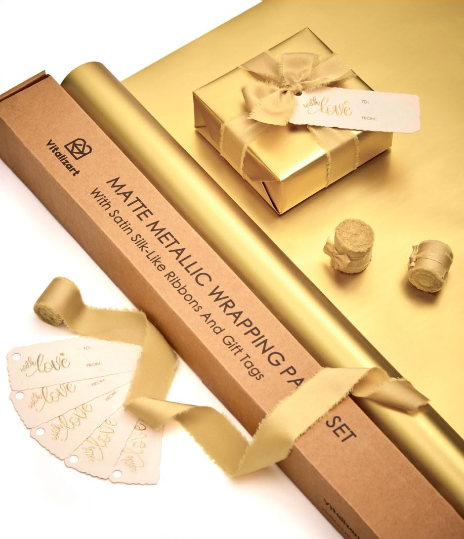 Set Di 4 Rotoli Carta Regalo Oro Con Nastri E Adesivi - 43cm X 3m Per Rotolo - Perfetta Per Compleanni, Natale, Matrimoni, Baby Shower - 2