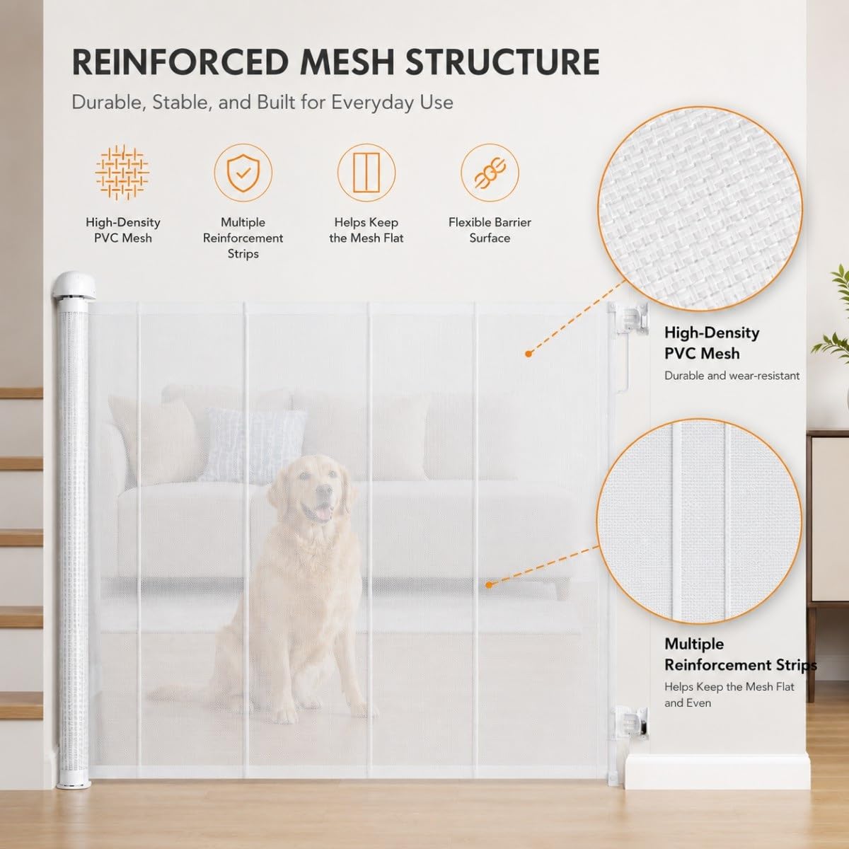 Cancello Retrattile per Animali Domestici, Rete in PVC con Blocco | Doppio Blocco per Controllare Estensione e Rientro, Rete Morbida per Limitare(250W x 140H cm(98.43"W x 55.12"H))