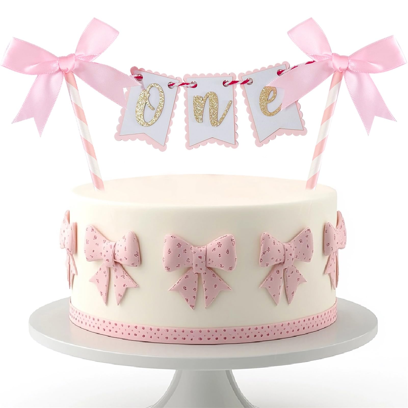 One Pink Bow Cake Topper Pink Bows Cake Decorations for 1st Girl Cake First Birthday Party Decoration