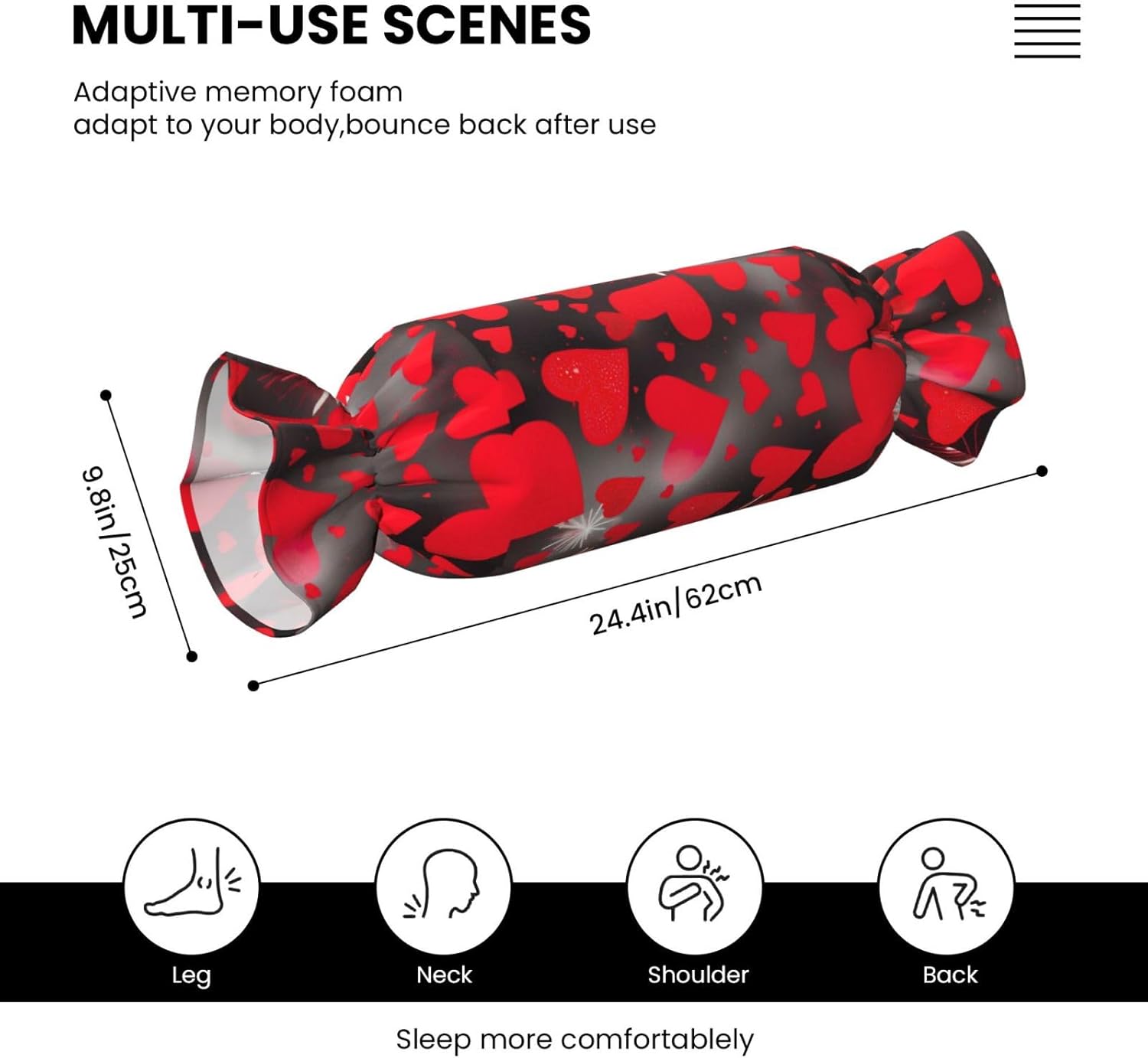 Red Hearts Firework Print Candy Cylindrical Eco-Friendly Pillow Soft Velvet Living Room Bedroom Travel Decor