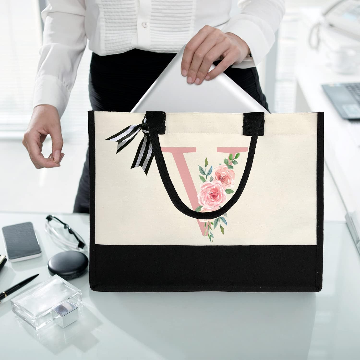 Initial Canvas Tote Bag for Women, Beach Bag with Inner Zipper Pocket Personalized Gifts for Wedding, Birthday | Initial, Personalized Gifts, for Wedding, Birthday - Image 2