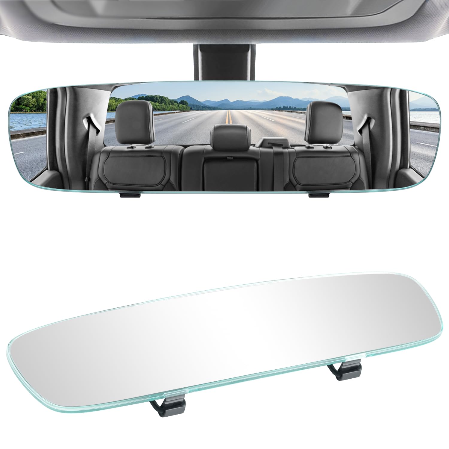 LivTee Rear View Mirror, Universal 12" (305mm) Wide-Angle Panoramic Convex Rearview Mirror with Clear Slim Frame, Strap-On Design Fits Original to Reduce Blind Spots for Cars SUVs Trucks