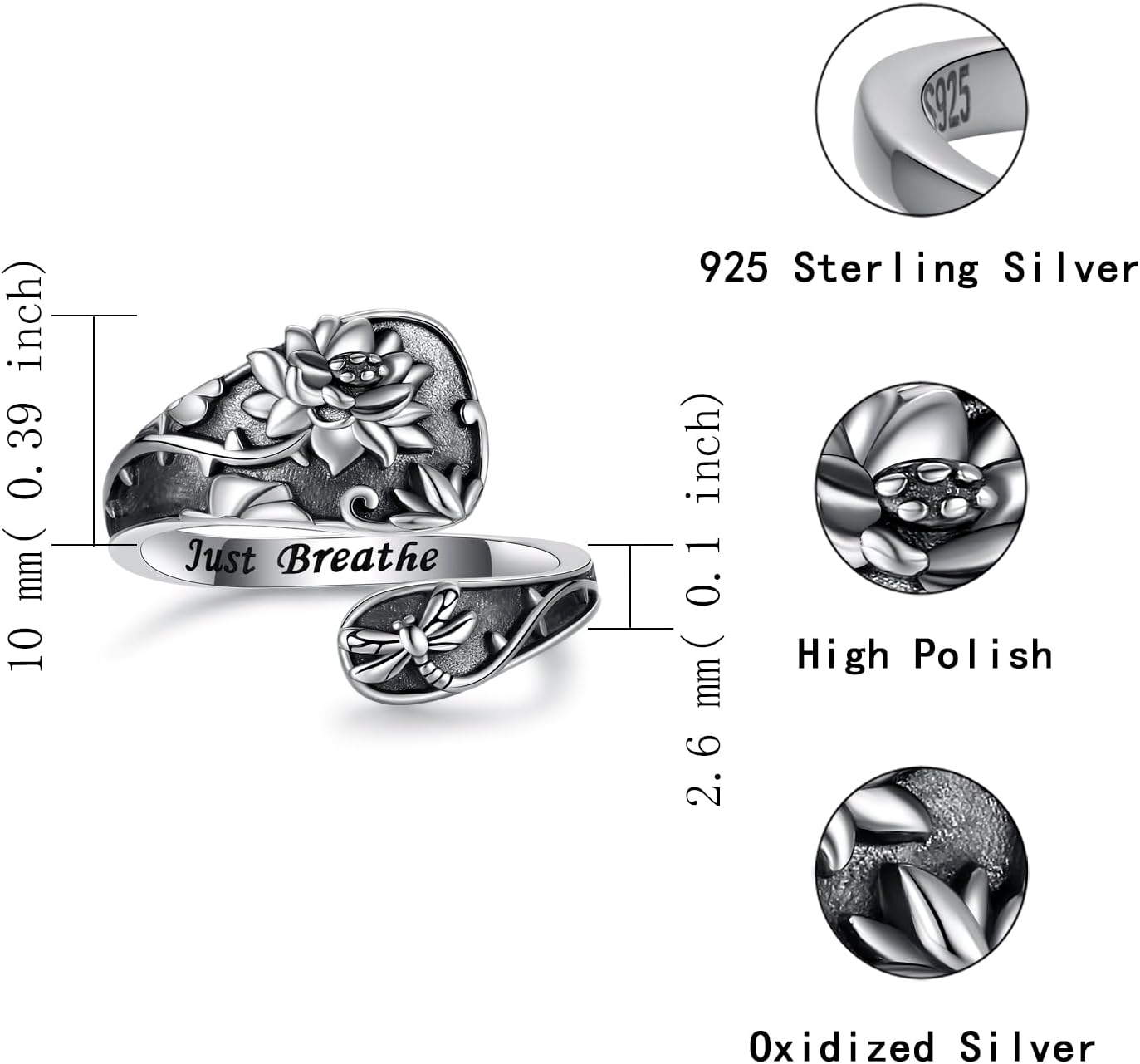 Spoon Thumb Ring for Women - 925 Sterling Silver Lotus Just Breathe Rings Adjustable Boho Style Flower Jewelry Heartfelt Inspirational Gifts for Her - Image 3