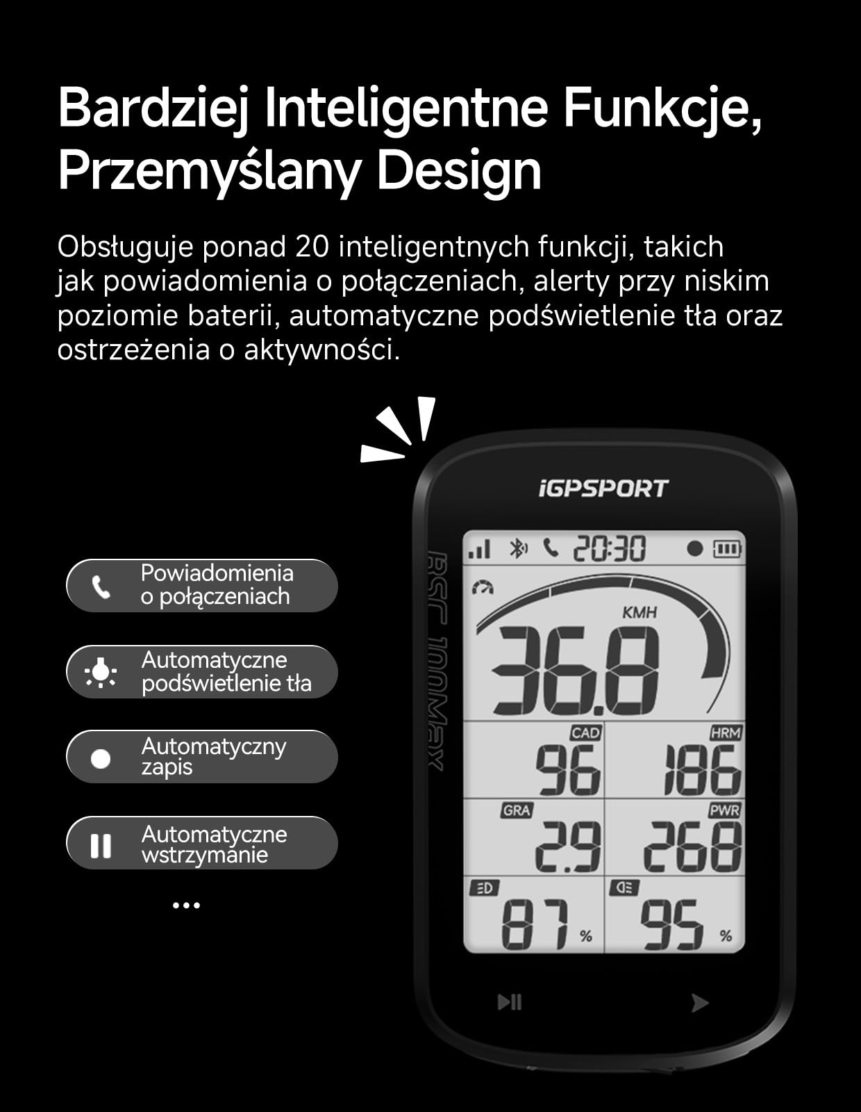 iGPSPORT BSC100MAX Licznik Rowerowy Bezprzewodowy, Duży Ekran 3 Cale, Automatyczny Start/Pauza, 40 Godzin Pracy Na Baterii, Konfigurowalne Dane, Wodoodporność IPX7