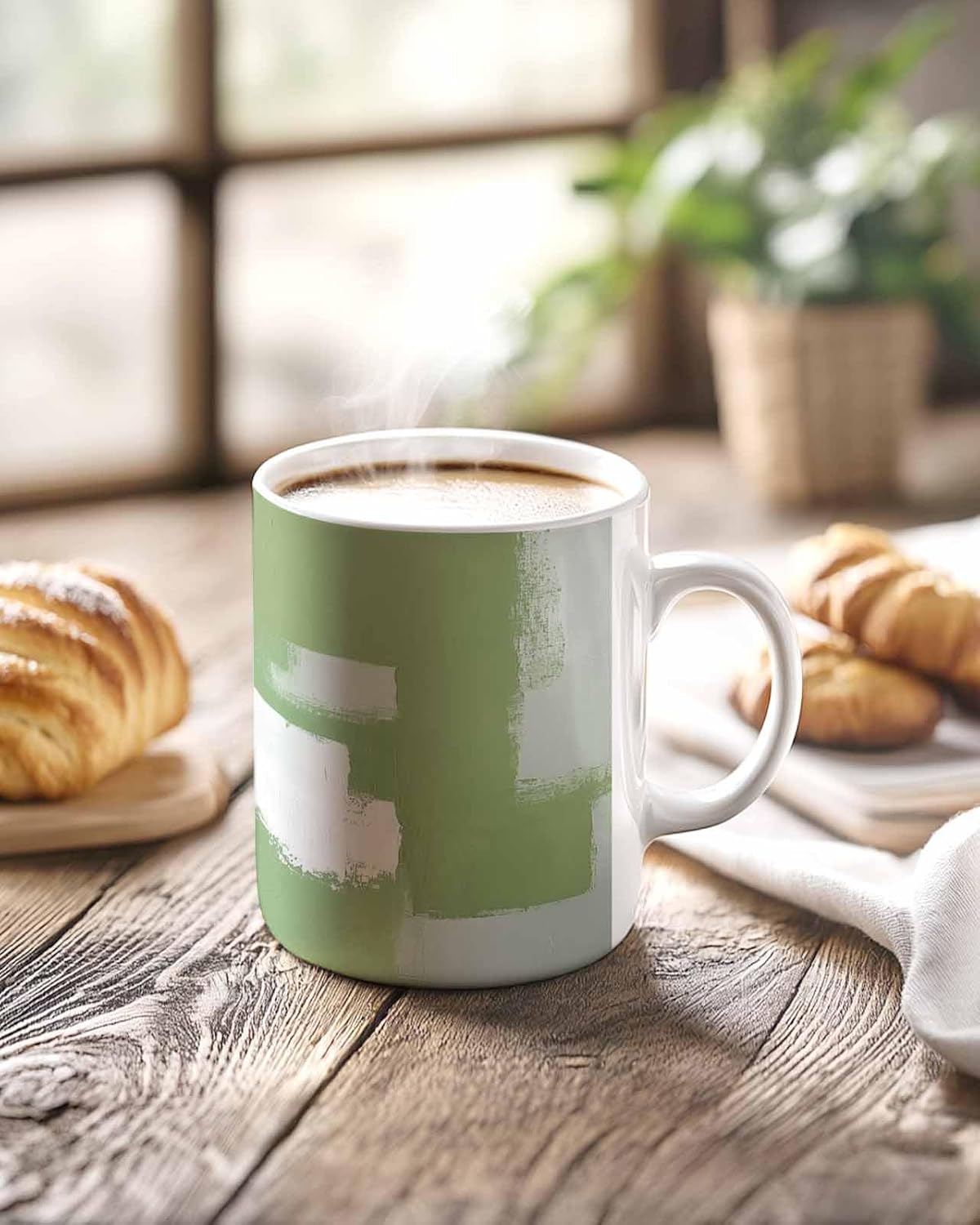 BEMIGO Ceramic Coffee Mug Spring Ceramic Mug White Cup, Sage Green Grey Graffiti Insulated Coffee Cup with Handle with Pattern Perfect for Tea and Hot Beverages, 12oz