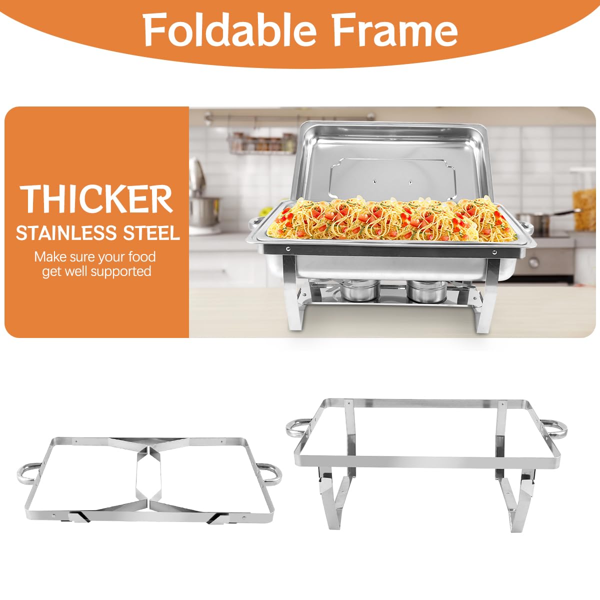 Scaldavivande per Buffet in Acciaio Inox, 9L Chafing Dish Catering Buffet Set con Pinze e Cucchiai per Party, Feste, Matrimoni, Banchetti (4 pezzi, 4 x GN 1/1)