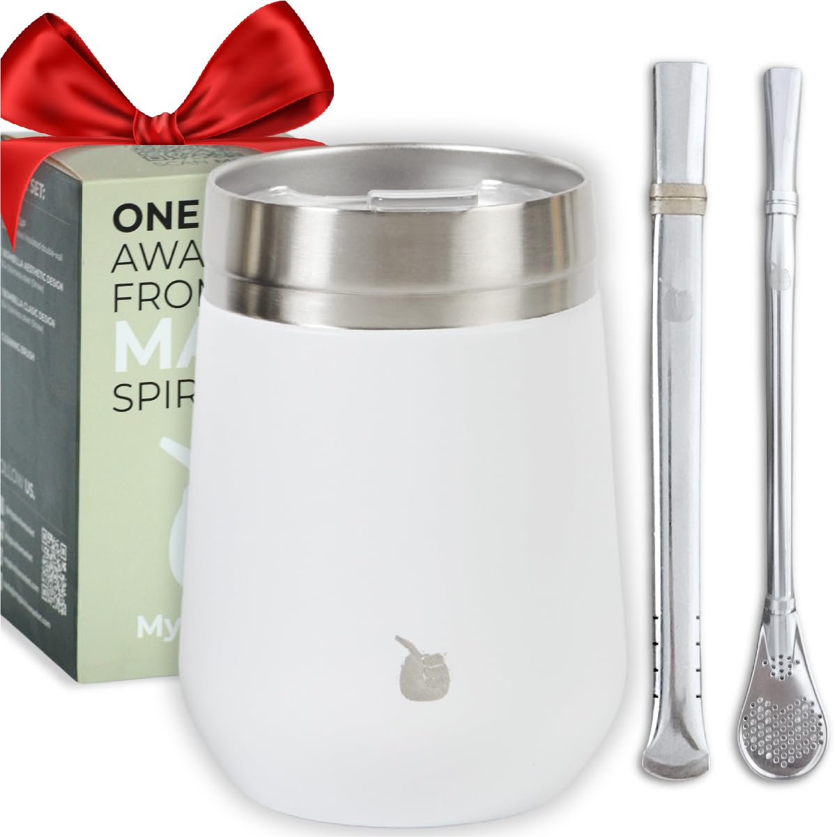Yerba Mate Cup Gourd Tea Cup Set, Includes 2 Bombillas (Straws) and Cleaning Brush (Revolution Pearl).